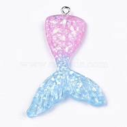 Resin Pendants, with Glitter Powder and Iron Findings, Mermaid Tail Shape, Platinum, PeachPuff, 46x30x6mm, Hole: 2mm(X-CRES-T010-68K)
