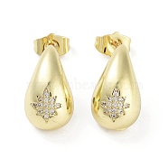 Teardrop Rack Plating Brass Cubic Zirconia Stud Earrings for Women, Long-Lasting Plated, Lead Free & Cadmium Free, Real 18K Gold Plated, Leaf, 19x11mm(EJEW-B047-02G-12)