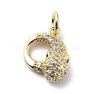 Brass Micro Pave Cubic Zirconia Charms, with Jump Ring, Leopard/Cheetah Head Charms, Real 18K Gold Plated, 13x10.5x4mm, Hole: 3.2mm(ZIRC-F131-03G)