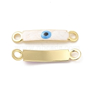 Brass Connector Charms, Curved Rectangle Links with Evil Eye Pattern, with Enamel, Real 18K Gold Plated, Long-Lasting Plated, White, 30x5x2mm, Hole: 3mm(KK-E075-02G-05)