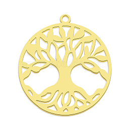 Non-Tarnish 201 Stainless Steel Pendants, Laser Cut, Flat Round with Tree of Life, Stainless Steel Color, 27x25x1mm, Hole: 1.6mm(STAS-S105-LA760-2)