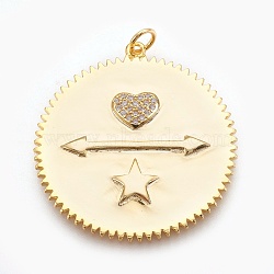 Brass Micro Pave Cubic Zirconia Pendants, Long-Lasting Plated, Flat Round with Heart and Star, Lead Free & Nickel Free & Cadmium Free, Clear, Real 18K Gold Plated, 35x32x2mm, Hole: 3mm(X-ZIRC-O026-25G-NR)