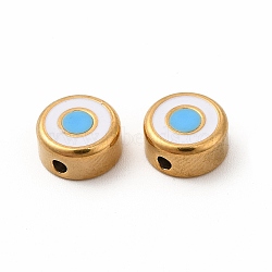 Eco-Friendly 304 Stainless Steel Beads, with Enamel, Flat Round with Evil Eye, Golden, Deep Sky Blue, 8x4mm, Hole: 1.5mm(STAS-A077-01G-05)