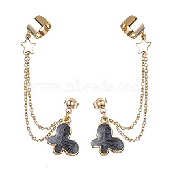 Light Gold 304 Stainless Steel Cuff Earring Chains, Star & Butterfly Alloy Enamel Dangle Stud Earrings Crawler Earrings, Black, 77mm(EJEW-JE05685-01)