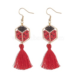 Glass Seed Braided Hexagon Dangle Earrings, with Cotton Tassels, Golden 304 Stainless Steel Jewelry for Women, Ladybug, 72~75mm, Pin: 0.7mm(EJEW-MZ00052-02)