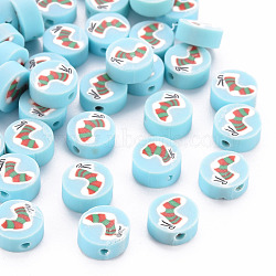 Handmade Polymer Clay Beads, Flat Round with Christmas Stocking, Light Sky Blue, 10x4mm, Hole: 1.6mm(X-CLAY-N011-002)