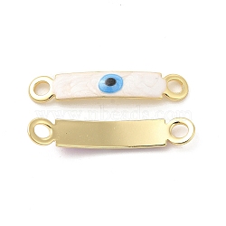 Brass Connector Charms, Curved Rectangle Links with Evil Eye Pattern, with Enamel, Real 18K Gold Plated, Long-Lasting Plated, White, 30x5x2mm, Hole: 3mm(KK-E075-02G-05)