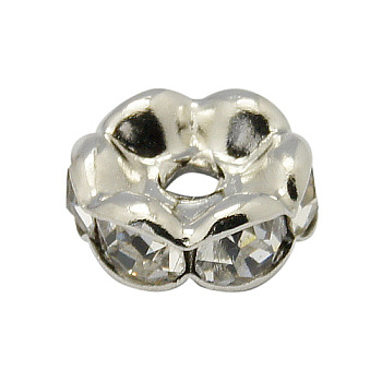 Brass Rhinestone Spacer Beads, Grade A, Wavy Edge, Platinum, Rondelle, Crystal, 6x3mm, Hole: 1mm