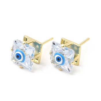 Square Glass with Enamel Evil Eye Stud Earrings, Real 18K Gold Plated Brass Jewelry for Women, Deep Sky Blue, 9x9mm, Pin: 0.7mm