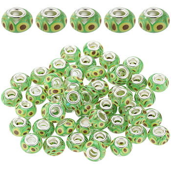 50Pcs Transparent Resin European Rondelle Beads, Large Hole Beads, with Avocado Polymer Clay and Platinum Tone Alloy Double Cores, Yellow Green, 14x8.5mm, Hole: 5mm