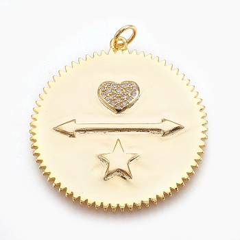Brass Micro Pave Cubic Zirconia Pendants, Long-Lasting Plated, Flat Round with Heart and Star, Lead Free & Nickel Free & Cadmium Free, Clear, Real 18K Gold Plated, 35x32x2mm, Hole: 3mm