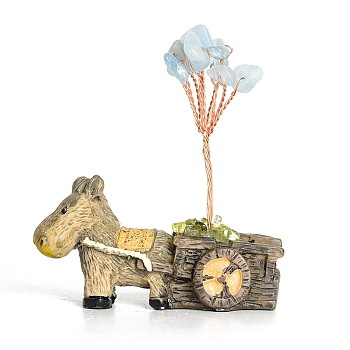 Resin Display Decorations, Reiki Energy Stone Feng Shui Ornament, with Natural Aquamarine Tree and Copper Wire, Donkey, 59x64mm