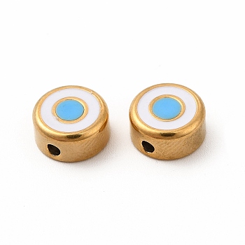 Eco-Friendly 304 Stainless Steel Beads, with Enamel, Flat Round with Evil Eye, Golden, Deep Sky Blue, 8x4mm, Hole: 1.5mm