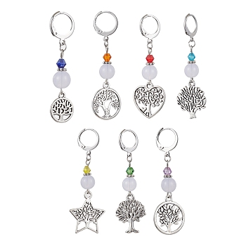 Tibetan Style Alloy Pendant Decorations, with Bicone Glass Beads and 304 Stainless Steel Leverback Earring Findings, Star/Heart/Flat Round with Tree of Life, Mixed Color, 46~56mm, 7pcs/set