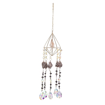 Rough Raw Natural Amethyst Wind Chime, with Glass Beads and Iron Findings, Rhombus, Golden, 456mm