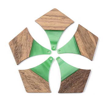 Opaque Resin & Walnut Wood Pendants, Arrows, Green, 38x35x3mm, Hole: 2mm