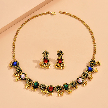 Flat Round & Flower Alloy Rhinestone Pendant Necklace & Stud Dangle Earring Sets, Colorful, 320mm