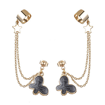 Light Gold 304 Stainless Steel Cuff Earring Chains, Star & Butterfly Alloy Enamel Dangle Stud Earrings Crawler Earrings, Black, 77mm