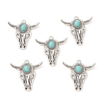 Synthetic Turquoise Pendants, with Alloy Findings, Cattle Head Charms, Antique Silver, 36x35.5x8mm, Hole: 2.8mm