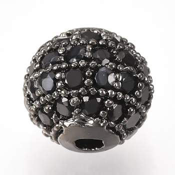 Brass Micro Pave Cubic Zirconia Beads, Round, Black, Gunmetal, 6mm