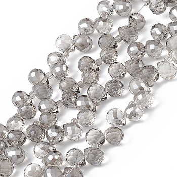 Transparent Electroplate Glass Beads Strands, Faceted, Top Drilled Teardrop, Pearl Luster Plated, Dark Gray, 10x7.5~8mm, Hole: 0.8~1mm, about 95~100pcs/strand, 23.23~26.77(59~68cm)