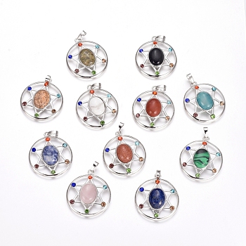 Chakras Style, Natural & Synthetic Mixed Gemstone Pendants, with Platinum Tone Brass Findings and Rhinestone, Flat Round with Star, 38.5x34x8.5mm, Hole: 7x4mm