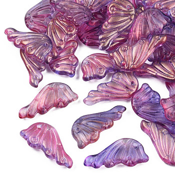 Transparent Spray Painted Glass Pendants, with Glitter Powder, Butterfly Wings, Medium Purple, 24x12.5x4mm, Hole: 1.4mm