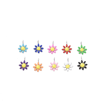 304 Stainless Steel Charms, with Enamel, Mixed Color, Flower, Stainless Steel Color, 10x7.5x2mm, Hole: 1mm