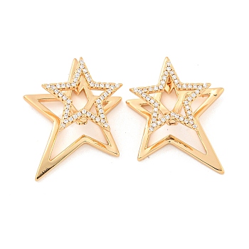 Brass Micro Pave Clear Cubic Zirconia Hoop Earrings, Stud Earrings, Star, Light Gold, 25x22mm