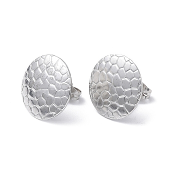 304 Stainless Steel Textured Flat Round Stud Earrings for Women, Stainless Steel Color, 15mm, Pin: 0.8mm