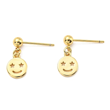 Rack Plating Brass Smiling Face Dangle Stud Earrings, Cadmium Free & Lead Free, Real 18K Gold Plated, 16x8mm