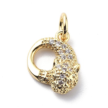 Brass Micro Pave Cubic Zirconia Charms, with Jump Ring, Leopard/Cheetah Head Charms, Real 18K Gold Plated, 13x10.5x4mm, Hole: 3.2mm