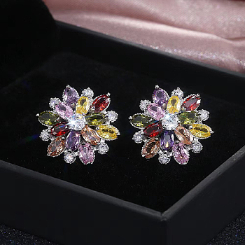 Brass Micro Pave Cubic Zirconia Stud Earrings, Flower, Colorful, 20mm