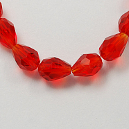Glass Beads Strands, Faceted, Drop, Red, 11x8mm, Hole: 1mm, about 57~59pcs/strand, 26.38~26.77 inch(GLAA-R024-11x8mm-14)