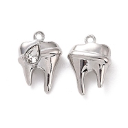 Rack Plating Alloy Glass Pendants, Cadmium Free & Lead Free & Nickle Free, Faceted, Tooth Charms with Teardrop, Platinum, Clear, 19x13.5x7mm, Hole: 1.4mm(FIND-I037-08P-01)