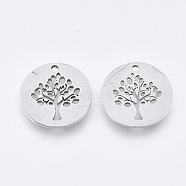 201 Stainless Steel Pendants, Laser Cut Pendants, Flat Round with Tree, Stainless Steel Color, 16x1mm, Hole: 1.5mm(STAS-T044-130P)