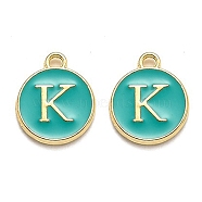 Golden Plated Alloy Enamel Charms, Enamelled Sequins, Flat Round with Alphabet, Letter.K, Green, 14x12x2mm, Hole: 1.5mm(X-ENAM-Q437-15K)