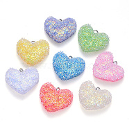 Epoxy Resin Pendants, with Sequins/Paillette and Platinum Plated Iron Loop, Heart, Mixed Color, 21x25.5x10.5mm, Hole: 2mm(X-RESI-T044-03B)