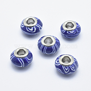 Handmade Polymer Clay European Beads, with Silver Color Plated Brass Cores, Large Hole Beads, Rondelle, Medium Blue, 13~16x8~11mm, Hole: 4.5~5mm(CLAY-K002-C17)