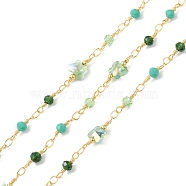 Butterfly & Round Glass Beaded Chains, Faceted, Unwelded, with Brass Chains, Golden, Dark Sea Green, 13~19x4~8x4~5mm(CHS-P016-38G-03)