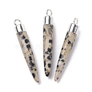 Natural Sesame Jasper Brass Pendants, Cadmium Free & Lead Free, Bullet Shaped, Silver Color Plated, 33~37x4~5mm, Hole: 2mm(G-B025-02P-15)