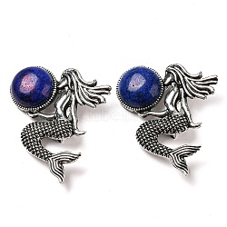 Dual-use Items Alloy Mermaid Brooch, with Natural Lapis Lazuli, Antique Silver, 42x37x12mm, Hole: 8x3mm(JEWB-C026-02B-AS)