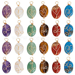 4 Sets 2 Styles Natural Mixed Gemstone Pendants, Oval Charms with Eco-Friendly Light Gold Plated Copper Wire Wrapped, 17.5~20x9~10x4.5~6mm, Hole: 1.8~3mm, 6pcs/set, 2 sets/style(G-HY0001-61)