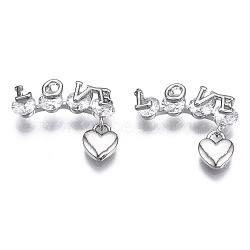 Brass Clear Cubic Zirconia Pendant Links Connectors, Love with Heart, Platinum, 14x16x4mm, Hole: 1mm(ZIRC-S069-009P)