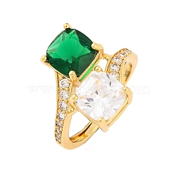 Square Brass Micro Pave Clear Cubic Zirconia Adjustable Rings, for Women, Lead Free & Cadmium Free, Real 18K Gold Plated, Green, 18x18mm & 19x19mm, Inner Diameter: 18mm(RJEW-U009-03A-G)