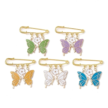 Butterfly & Flower Charm Alloy Enamel Brooches for Women, Iron Safety Pin Brooch, Kilt Pins, Mixed Color, 50mm