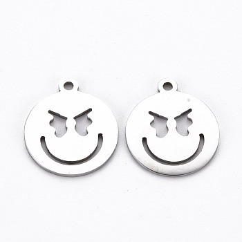 201 Stainless Steel Pendants, Cut, Flat Round with Expression, Stainless Steel Color, 17.5x15x1mm, Hole: 1.5mm