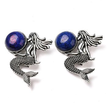 Dual-use Items Alloy Mermaid Brooch, with Natural Lapis Lazuli, Antique Silver, 42x37x12mm, Hole: 8x3mm