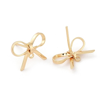 Brass Stud Earring Findings, Bowknot, Real 18K Gold Plated, 8~10x15mm, Hole: 1mm, Pin: 0.7mm