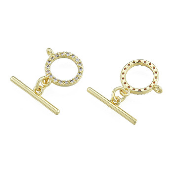 Brass Micro Pave Clear Cubic Zirconia Toggle Clasps, Nickel Free, Ring, Real 14K Gold Plated, Bar: 19x4.5x1.5mm, Hole: 1.4mm, Ring: 13x13x2mm, Hole: 1.2mm